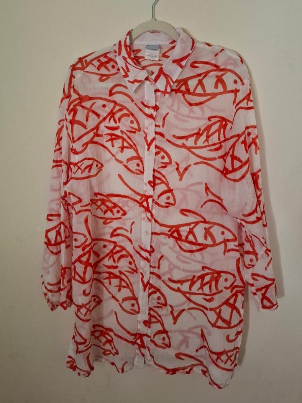 Speedo Sheer Full Button Up Women's Cover Up White w/ Red Fish Design